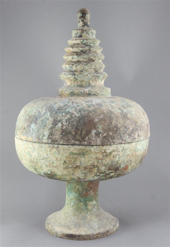 A Chinese bronze reliquary vessel, Tang dynasty, 618-907AD, height 62cm